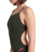 Arena - Team Challenge Solid Swimsuit - Dark Sage/Shocking Pink - Model Front/Side