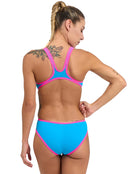 Arena-women-swimsuit-one-big-logo-one-piece-turquoise-pink-model-back