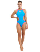 Arena-women-swimsuit-one-big-logo-one-piece-turquoise-pink-model-front
