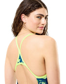 Speedo - Club Training Printed Turnback Swimsuit - Navy/Green - Model Back/Side Close Up