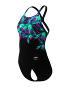 Speedo - Club Training Placement Printed Powerback Swimsuit - Black/Green/Pink - Product Front/Side