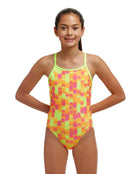 Funkita - Girls Little Dotty Diamond Back Swimsuit - Yellow/Pink - Model Front Pose