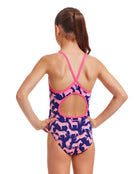Funkita - Girls Sweet Stripes Diamond Back Swimsuit - Navy/Pink - Model Back Pose