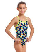 Funkita - Girls You Lemon Diamond Back Swimsuit - Blue/Yellow - Model Front/Side