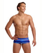 Funky Trunks - Lost Lines Sidewinder Swim Trunks - Blue/Red - Model Front/Side