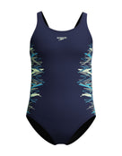 Speedo - Girls Placement Muscleback Swimsuit - Navy/Green - Product Front