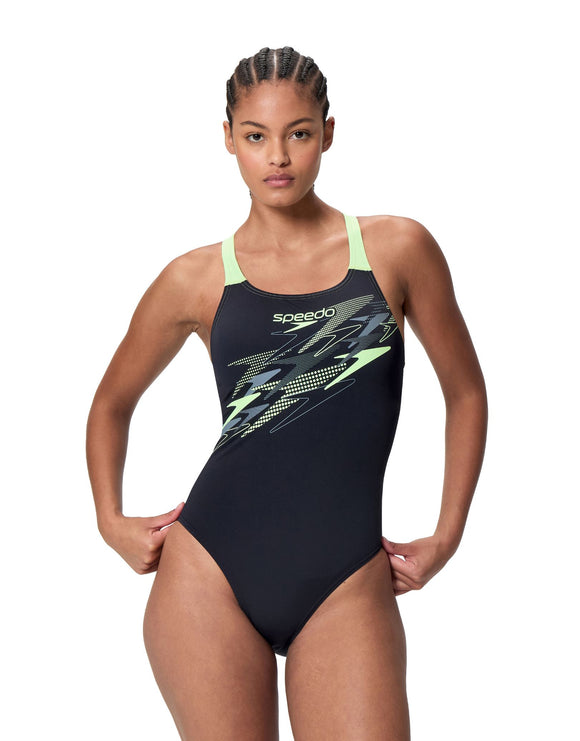 Speedo - Medley Logo Medalist Swimsuit - Black/Light Green - Model Front