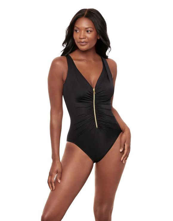 Miraclesuit - Razzle Dazzle Zipt Swimsuit - Black - Model Front with Pose