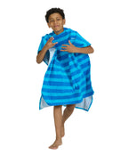 Zoggs - Nautical Stripes Kids Poncho Hooded Towel Robes - Blue - 5-10 Years Old - Model Front with Pose
