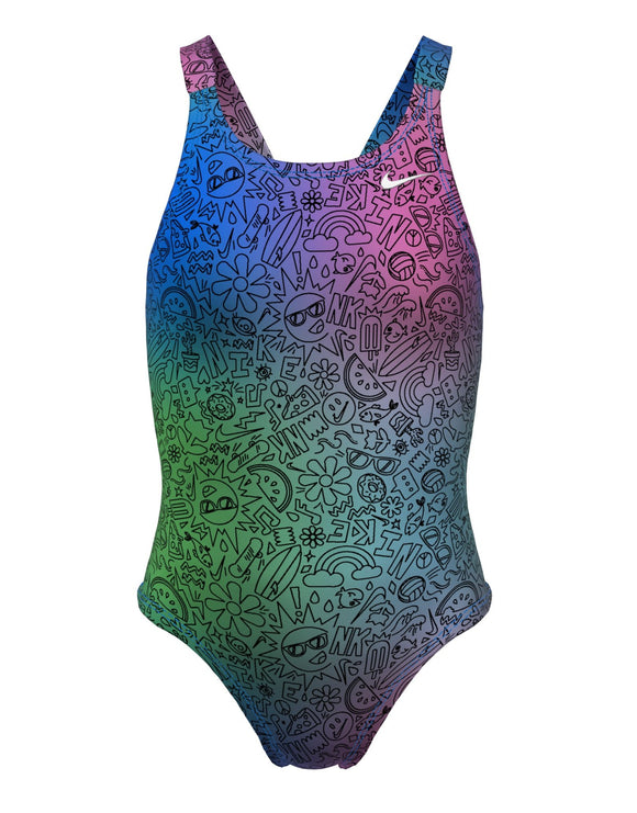 Nike - Girls Hydrastrong Multi Print Fastback Swimsuit - Cool Multi - Product Front