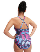 Shaping Print V Neck Swimsuit Plus Size - Blue/Pink