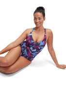 Shaping Print V Neck Swimsuit Plus Size - Blue/Pink