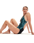 Speedo - Womens Allover Digital Powerback Swimsuit - Black/Green - Model Side with Pose