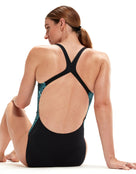 Speedo - Womens Allover Digital Powerback Swimsuit - Black/Green - Model Back Close Up