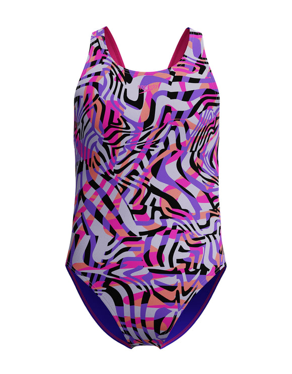 Speedo - Girls Digital Allover Leaderback Swimsuit - Pink/Purple/Black - Product Front