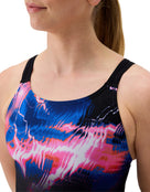Speedo - Club Training Placement Printed Leaderback Swimsuit - Blac/Pink - Model Front Close Up