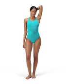 Speedo - Endurance+ Printed Medalist Swimsuit - Green/White - Model Front Full Body