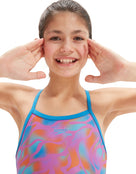 Speedo - Girls Allover Thinstrap Muscleback Swimsuit - Purple/Orange - Model Front Close Up