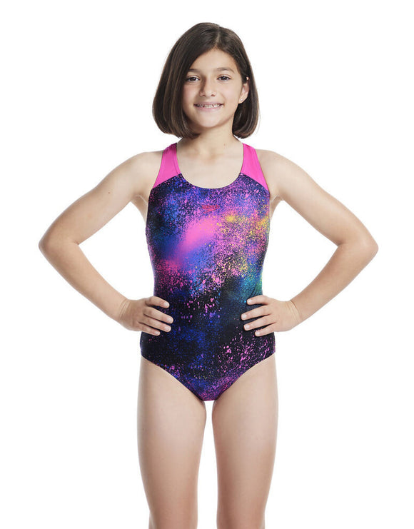 Speedo - Girls Digital Allover Splashback Swimsuit - Black/Pink - Model Front