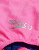 Speedo - Girls Solid Lane Line back Allover Swimsuit - Pink/Blue - Logo Close Up