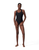 Speedo Womens Solid Highneck Scoop Swimsuit - Black - Model Front Full Body