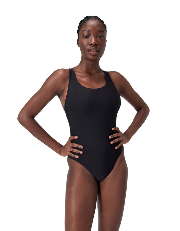 Speedo Womens Solid Highneck Scoop Swimsuit - Black - Model Front