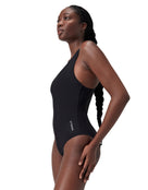 Speedo Womens Solid Highneck Scoop Swimsuit - Black - Model Side