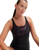 Speedo - Hyperboom Placement Muscleback Swimsuit - Black/Pink - Model Front Close Up