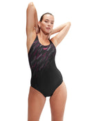 Speedo - Hyperboom Placement Muscleback Swimsuit - Black/Pink - Model Front