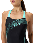 Speedo - Medley Logo Medalist Swimsuit - Black/Aquamarine Blue - Model Front Close Up