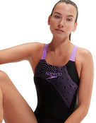 Speedo - Medley Logo Medalist Swimsuit - Black/Purple - Model Front Close Up