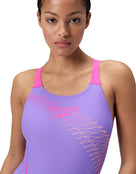 Speedo - Medley Logo Swimsuit - Purple/Pink - Model Front Close Up