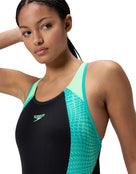 Speedo - Placement Laneback Swimsuit - Black/Green - Model Front Close Up