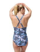 Speedo - Shaping Printed V Neck Swimsuit - Purple/Grey - Model Back