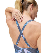 Speedo - Shaping Printed V Neck Swimsuit - Purple/Grey - Model Back Close Up