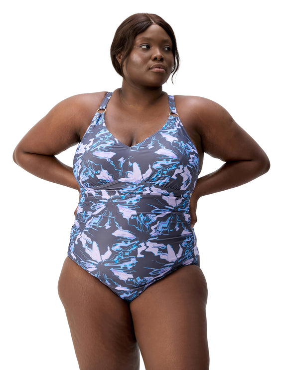 Speedo - Shaping Printed V Neck Swimsuit - Purple/Grey/Plus Size - Model Front