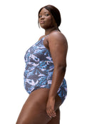 Speedo - Shaping Printed V Neck Swimsuit - Purple/Grey/Plus Size - Model Side