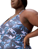 Speedo - Shaping Printed V Neck Swimsuit - Purple/Grey/Plus Size - Model Side Close Up