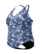 Speedo - Shaping Printed V Neck Swimsuit - Purple/Grey/Plus Size - Product Front
