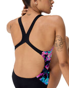 Speedo - Club Training Printed Powerback Swimsuit - Black/Purple - Model Back Close Up
