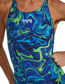 TYR - Womens Thresher Hyperblitz Open Back Kneeskin - Blue/Green - Model Front Close Up