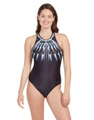 Zoggs - Aqua Geo Hi Cross X Back Swimsuit - Black/Multi - Model Front