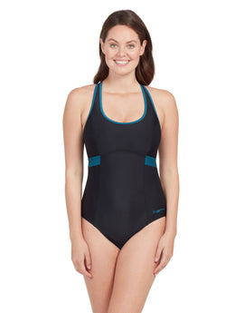 Zoggs - Womens Dakota Crossback Swimsuit - Black/Green - Model Front