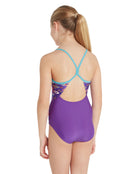 Zoggs - Girls Fishes Front Lined Sprintback Swimsuit - Purple/Blue - Model Back