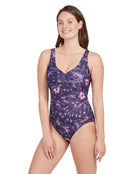 Zoggs - Womens Sunset Bloom Marley Scoopback Swimsuit - Purple - Model Front/Side