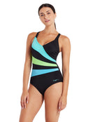 Zoggs - Wrap Panel Classicback Swimsuit - Black/Green - Model Front/Side