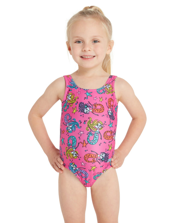 Zoggs - Tots Girls Merry Maiden Scoopback Swimsuit - Pink/Multi - Model Front