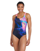 Zoggs Acid Wave Speedback Swimsuit - Black/Pink - Model Front / Swimsuit Front Design