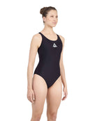 Aqua Sphere - Womens Essentials Classic Back Swimsuit - Front/Side Model Pose - Black