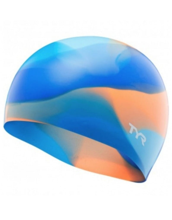 TYR - Junior Tie Dye Graphic Silicone Swim Cap - Blue/Orange - Product Only Design